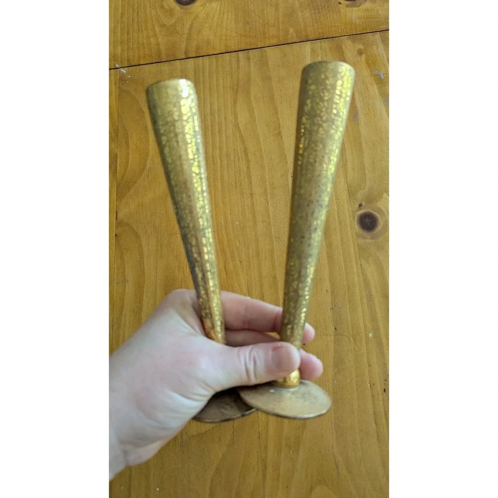Ransgil Crystal Vintage 22k Gold Encrusted Floral Bud‎ Vases Set 2 MCM 8.5 inch